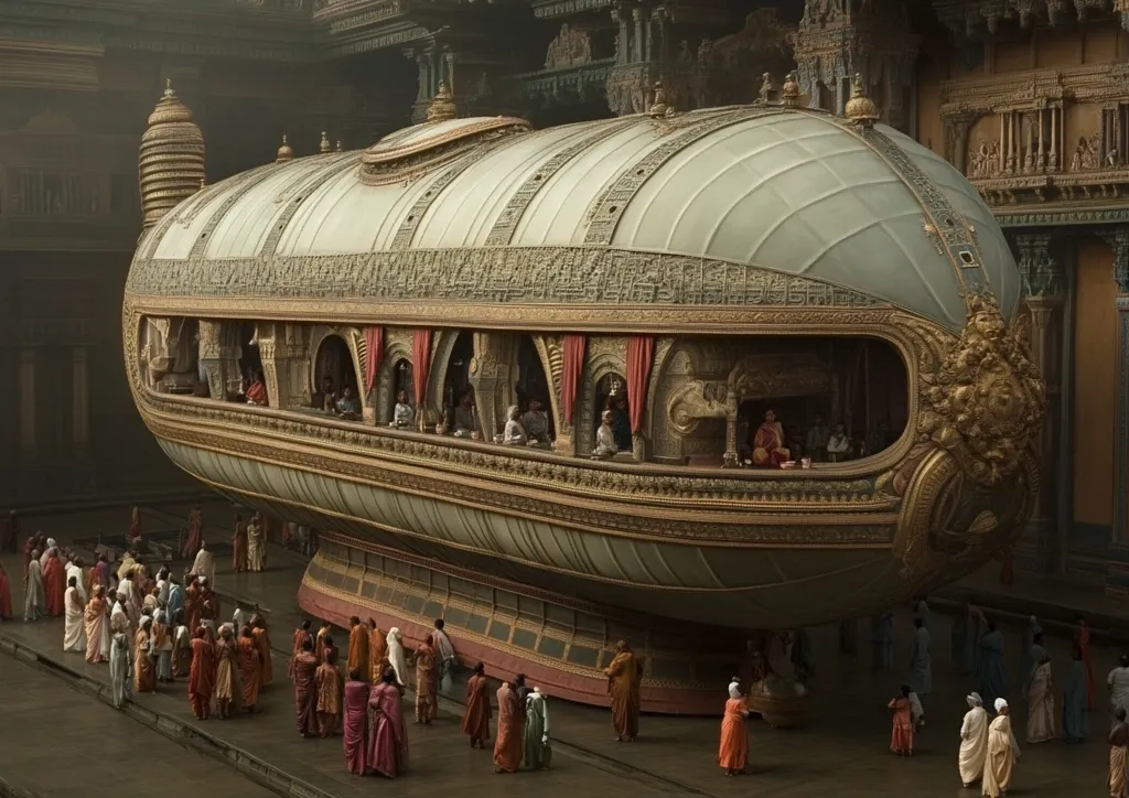 A massive, ornate vessel, resembling a giant, gilded canoe, dominates the scene. Its curved hull is embellished with intricate carvings and gold detailing, and a balcony-like structure runs along its length, showing figures within.  People in traditional garb are gathered around the vessel, both in front and on the balcony, suggesting a moment of significance or arrival. The backdrop features the imposing architecture of a large, ancient-looking building, contributing to a sense of grandeur and mystery. The overall atmosphere is one of rich detail and historical fantasy.