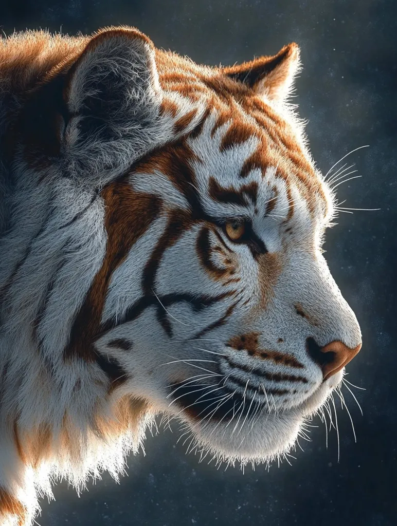 Here's a description of the image:

The image is a close-up profile view of a tiger's head and shoulders. The tiger's fur is predominantly white, with striking orange and brown stripes that are richly detailed.  The lighting highlights the texture of the fur, emphasizing the individual hairs. The tiger's amber eye is partially visible, conveying a sense of alertness and power. The background is a dark, textured blue-gray, providing a contrast that makes the tiger stand out. The overall impression is one of majestic beauty and wildness.