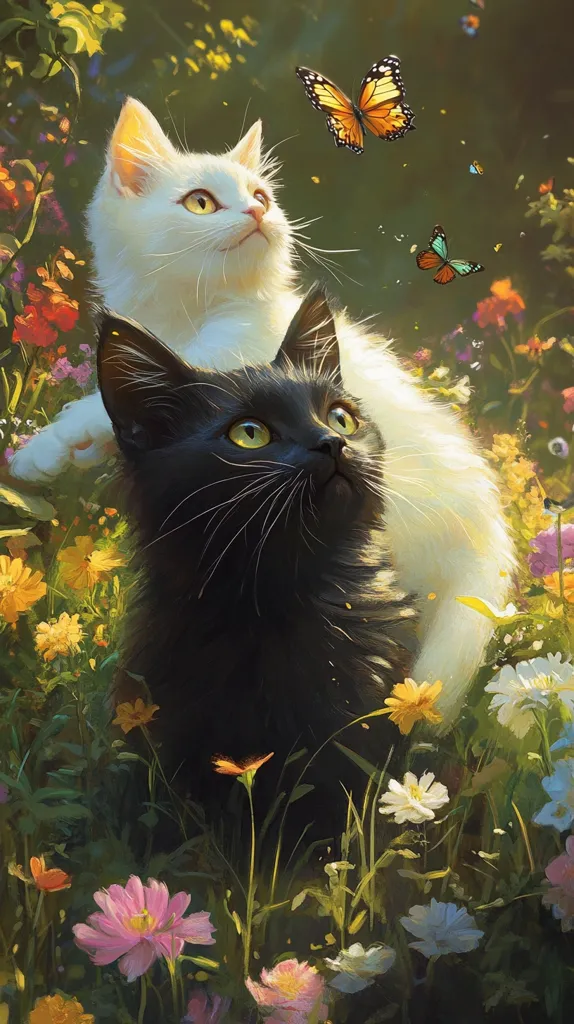 Here's a description of the image:

A whimsical digital painting shows a black kitten nestled atop a white kitten amidst a vibrant garden.  Both kittens gaze upward, seemingly captivated by butterflies fluttering nearby—one orange, the other teal.  The flowers surrounding them are a profusion of color, including pinks, yellows, oranges, and whites, creating a dreamy, idyllic scene. The style is painterly, with soft light and shadow creating depth and texture. The overall mood is peaceful and enchanting.