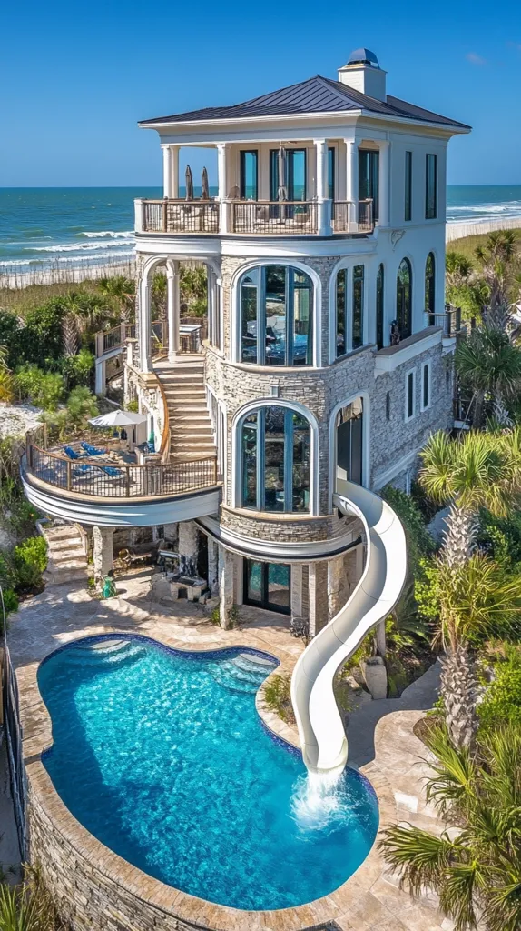 Here's a description of the image:

A luxurious, multi-story beachfront house, built of stone and white, commands attention.  Its architectural style is reminiscent of a Mediterranean villa, featuring a wraparound balcony, numerous windows, and a curved staircase. A free-form swimming pool with a waterslide is nestled beside the house, directly facing the ocean.  Lush tropical landscaping complements the property, adding to its opulent feel. The clear blue ocean stretches across the background, showcasing a beautiful sunny day. The overall impression is one of high-end coastal living.