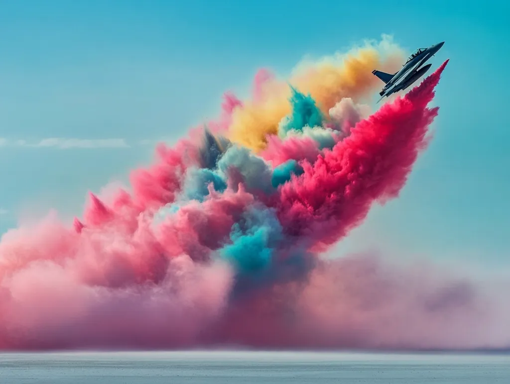 A fighter jet streaks across a clear blue sky, leaving a vibrant trail of pink, teal, yellow, and red smoke.  The colorful plume billows dramatically, creating a breathtaking spectacle against the serene backdrop. The jet's silhouette is sharp against the intense hues, showcasing a dynamic moment of aerial artistry. The lower portion of the image shows a hazy, pastel-colored ground, possibly a flat expanse like a salt flat or desert. The overall effect is one of vibrant energy and stunning visual contrast.