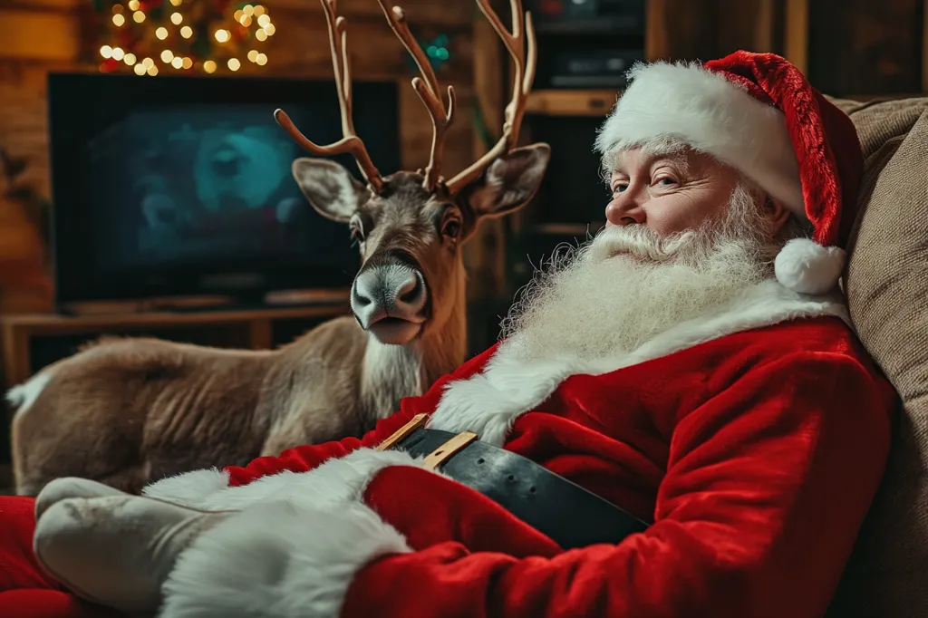 Here's a description of the image:

Santa Claus, in his full red suit, relaxes on a cozy couch, his long white beard resting on his chest. He's accompanied by a reindeer with large antlers, positioned beside him.  A television displaying a blurry image sits in the background, subtly suggesting a relaxed Christmas evening. The scene is warm and inviting, lit by a soft glow, creating a festive ambiance. The overall mood is peaceful and jovial, capturing a heartwarming Christmas moment.