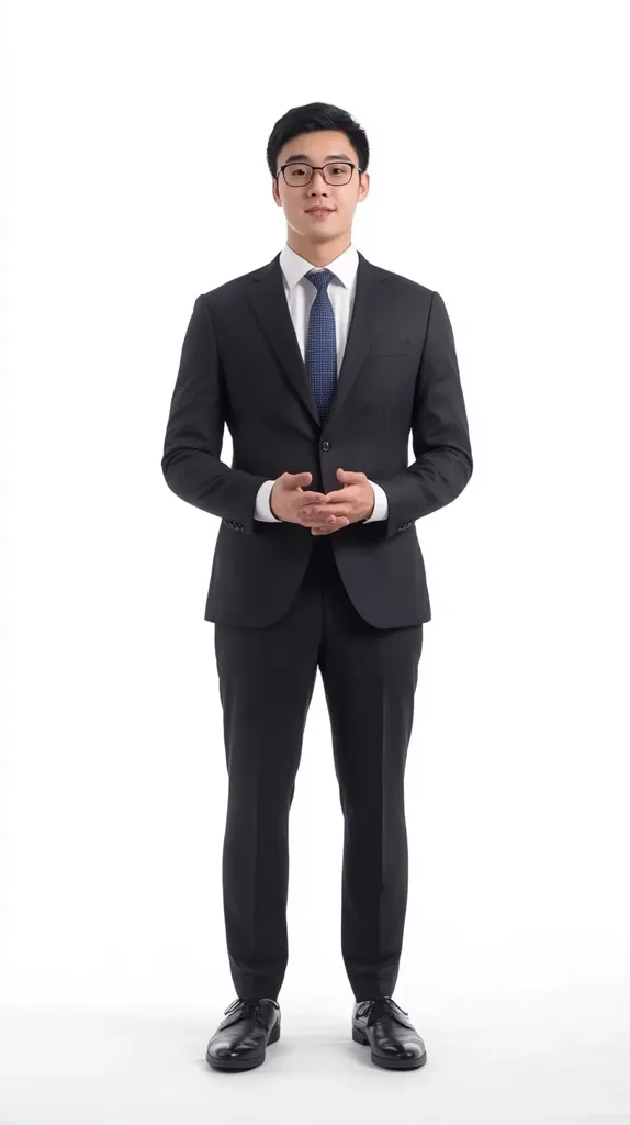 A young Asian man in a dark business suit stands against a white background. He wears glasses and a dark blue tie. His hands are clasped in front of him. His expression is serious and neutral. He is well-groomed and appears confident. The overall image is clean, simple, and professional, suitable for a corporate headshot or business profile.