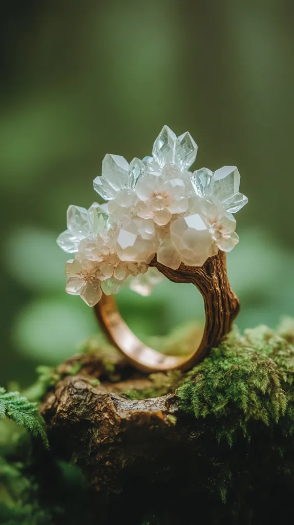 Here's a description of the image:

Close-up view of a unique ring resting on a mossy surface. The ring features a band that resembles a small, intricately carved tree branch.  Atop the band sits a cluster of what appear to be delicate, light-pink and clear quartz crystals, forming a crown-like shape. The background is blurred, suggesting a natural, possibly forest setting, with muted greens and browns. The overall impression is one of artistry and nature combined, creating a whimsical and elegant piece of jewelry.