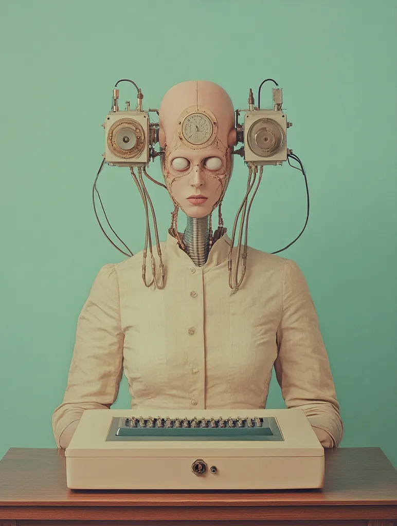 A stylized image depicts a robotic or cyborg woman seated at a vintage-style desk.  Her pale head is adorned with clockwork mechanisms attached to her temples, connected by wires to a device resembling an early computer on the desk in front of her.  She wears a light beige, button-down shirt.  The overall aesthetic is retro-futuristic, with a pastel teal background enhancing the vintage feel. The scene suggests themes of technology, artificial intelligence, and possibly data processing or computation.