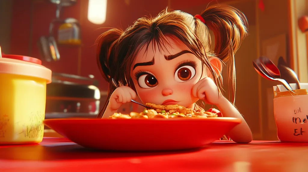 Here's a description of the image:

A digitally rendered image showcases a charming, large-eyed girl with brown hair styled in pigtails. She sits at a red table, looking somewhat displeased as she eats from a large, red bowl filled with a stir-fry-like dish.  Her expression is one of mild dissatisfaction or reluctance. The setting appears to be a kitchen, with muted background elements suggesting a warm, homey atmosphere. The overall style is cute and stylized, with a focus on the girl's expressive features.  A yellow container and utensils are visible in the background.