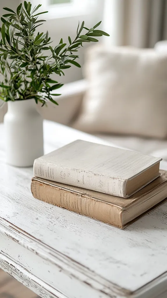 A whitewashed wooden table features a stack of two books.  The top book is a light beige, appearing antique or distressed, while the bottom book is a more aged tan.  A small vase of olive branches sits in the background, adding a touch of nature to the serene, minimalist scene. The blurred background suggests a cozy, light-filled room with a cream-colored sofa. The overall aesthetic is calm and inviting.