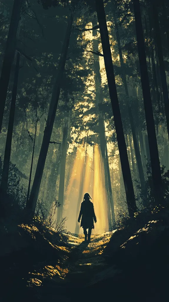 A solitary figure, cloaked in shadow, walks down a forest path.  Tall, dark trees form a cathedral-like canopy overhead, their trunks reaching towards a radiant, golden light filtering through the leaves.  The scene is evocative of mystery and solitude, the path ahead unclear, yet bathed in an ethereal glow.  The atmosphere is both serene and slightly ominous, creating a sense of quiet contemplation within a majestic, wooded landscape.