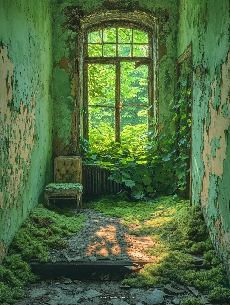 Here's a description of the image:

A sunlit, moss-covered hallway in a crumbling green building.  A weathered, upholstered chair sits near a large window, through which lush greenery is visible.  The walls are heavily textured with peeling paint, revealing layers of aged color.  Sunlight streams in, casting shadows on the mossy floor.  The overall atmosphere is one of serene decay and the reclamation of nature. The scene evokes a sense of timelessness and the beauty of abandoned places.