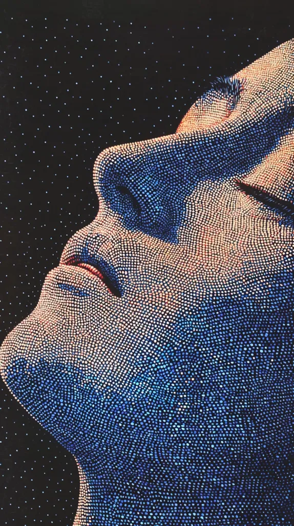 The image is a pointillist artwork depicting a person's face, tilted upward, against a dark, starry backdrop.  The face is rendered entirely from countless tiny dots of varying shades of blue, punctuated by lighter, peach-toned dots suggesting highlights and shadow.  The effect creates a textured, almost three-dimensional appearance. The style suggests a cosmic or dreamlike quality, evoking feelings of vastness and tranquility.