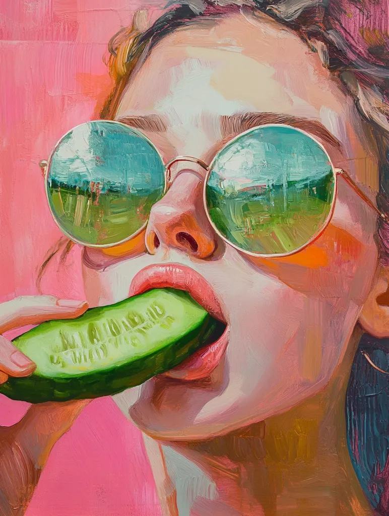 Here's a description of the image:

A vibrant, impasto oil painting depicts a woman's face close-up against a hot pink background. She wears large, round sunglasses reflecting a landscape, and her lips are parted, playfully biting into a thick slice of cucumber. The style is bold and expressive, with visible brushstrokes adding texture and depth to the skin, hair, and sunglasses. The overall effect is one of playful sensuality and summery energy.  The woman's hair, partially visible, appears to be dark brown or black.