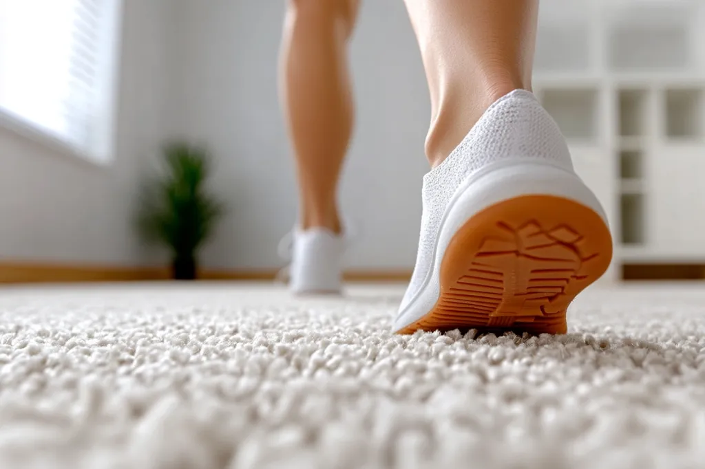 Here's a description of the image:

Close-up view of a person's legs and feet walking on a plush, light beige carpet. The focus is sharp on the back of one white athletic shoe with a tan sole, while the other shoe and the legs are slightly blurred, creating a sense of motion.  The background is softly blurred, showing a bright interior space with hints of a window and a piece of furniture, suggesting a home environment. The overall impression is one of quiet movement and comfort.