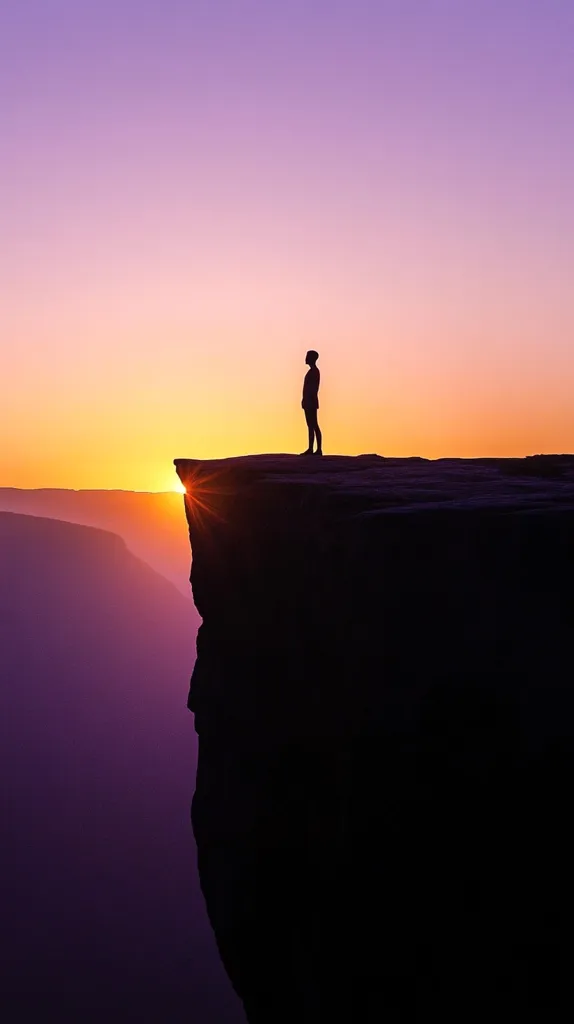 Here's a description of the image:

The silhouette of a lone person stands on the edge of a cliff at sunset.  The sky is a gradient of purples and oranges, the sun partially obscured below the horizon.  A deep valley stretches out below, disappearing into a hazy purple distance. The cliff face is dark and dramatic, contrasting sharply with the vibrant sky. The overall mood is one of serene contemplation and vastness. The image emphasizes the smallness of humanity against the grandeur of nature.