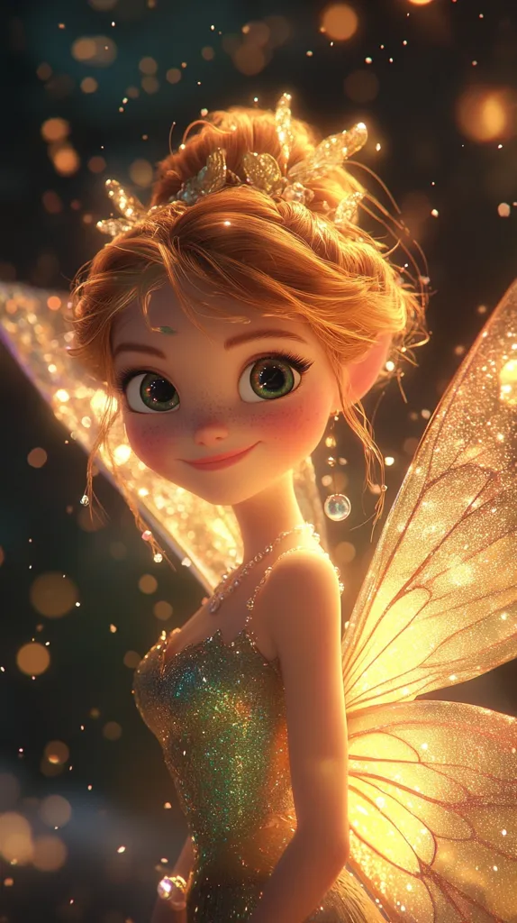A digital rendering showcases a charming fairy, her golden hair elegantly styled and adorned with a glittering tiara.  Large, expressive eyes and rosy cheeks accentuate her youthful beauty. She wears a shimmering gold gown and delicate jewelry, her translucent, golden wings catching the light. The background sparkles with golden dust, creating a magical, ethereal atmosphere. The overall style is reminiscent of a modern animated film.