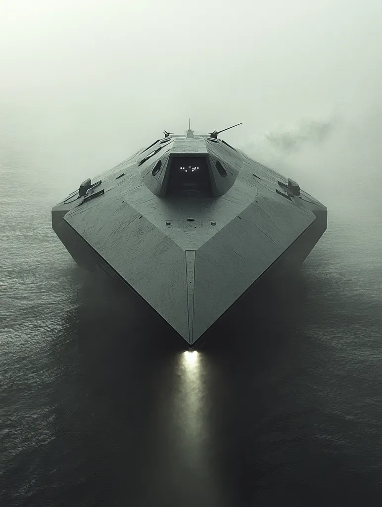 Here's a description of the image:

The image shows a futuristic, stealth warship cutting through a foggy sea.  Its design is angular and dark grey, almost triangular in shape, with a low profile.  A faint light emanates from its underside, illuminating the water.  The vessel appears technologically advanced, possibly employing cloaking technology, as it blends seamlessly with the misty surroundings. The overall atmosphere is one of mystery and advanced military capability.