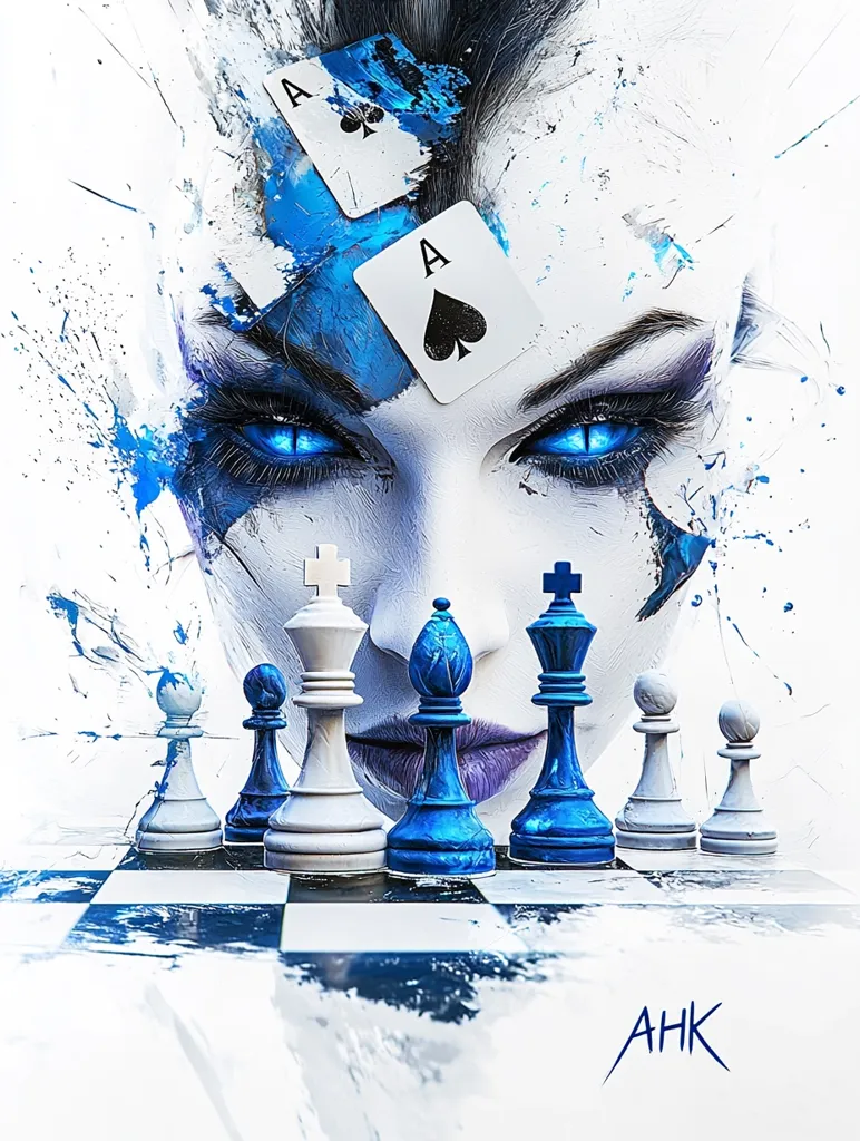 Here's a description of the image:

The artwork is a striking digital painting featuring a stylized female face with vibrant blue eyes, partially obscured by splashes of blue paint that create a dynamic, almost explosive effect.  Two aces of spades are positioned above her forehead, suggesting a connection to gambling or chance. The face is centrally positioned above a chessboard where white and blue chess pieces stand poised in a tense arrangement. The overall color scheme is a contrast of stark white and bold blue, creating a visually powerful and enigmatic piece. The artist's signature "AHK" is subtly placed at the bottom.  The style combines elements of surrealism, abstract expressionism, and fantasy.