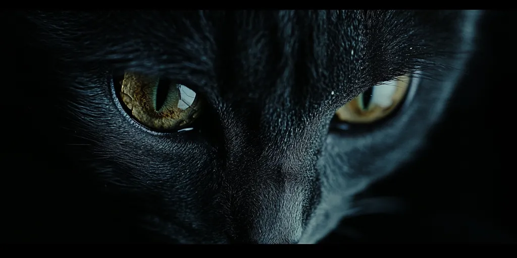 Here's a description of the image:

Close-up view of a black cat's face, sharply focused on its piercing, golden-green eyes.  The cat's dark fur is textured and appears almost velvety.  The background is largely black, emphasizing the cat's eyes and creating a dramatic, intense mood.  The overall impression is one of mystery and alertness; the cat seems watchful and observant. The image is dark and moody, highlighting the cat's intense gaze.
