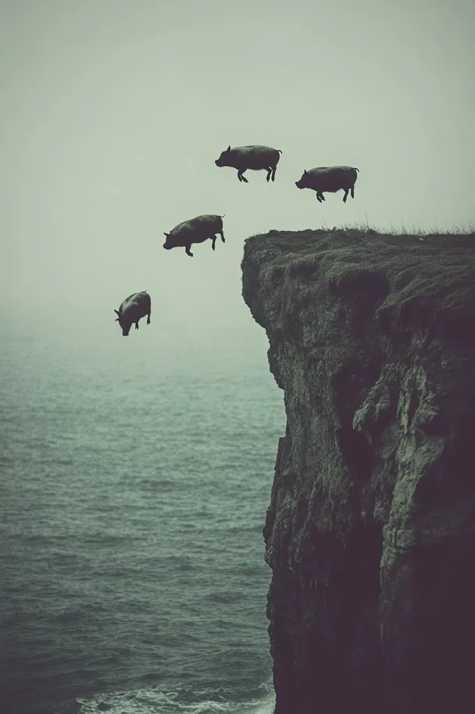 Here's a description of the image:

A dramatic, moody image depicts four pigs in mid-air, seemingly leaping from a dark cliff face into a grey, turbulent sea. The pigs are silhouetted against a pale, overcast sky, their forms stark and ominous.  The cliff is rugged and imposing, its dark tones mirroring the somber mood of the scene. The ocean extends to the horizon, adding to the vast, lonely atmosphere. The overall impression is one of impending doom or a surreal, unsettling event.