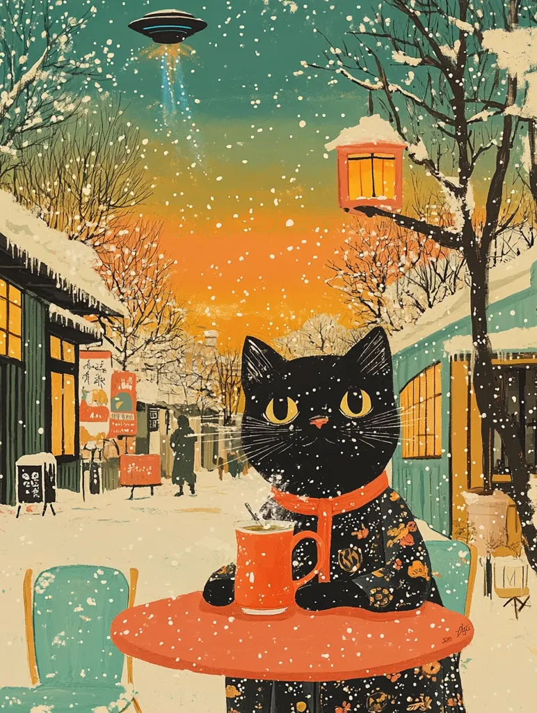 A black cat, wearing a patterned robe, sits at a small outdoor table in a snowy, quaint town.  It holds a warm orange mug.  The scene is rendered in a vintage, illustrated style with a muted color palette.  A UFO silently hovers in the snowfall above, adding a touch of whimsical surrealism to the cozy winter setting.  Soft light from a street lamp and shop windows illuminates the scene.