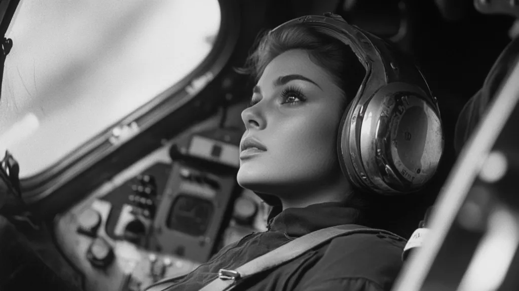 A black and white image shows a woman wearing large headphones, seated in what appears to be the cockpit of an aircraft.  Her gaze is directed upward and slightly to her right, a pensive expression on her face.  The cockpit's controls and a large window are visible in the background, suggesting a scene of flight or preparation for flight. The overall mood is one of calm concentration.