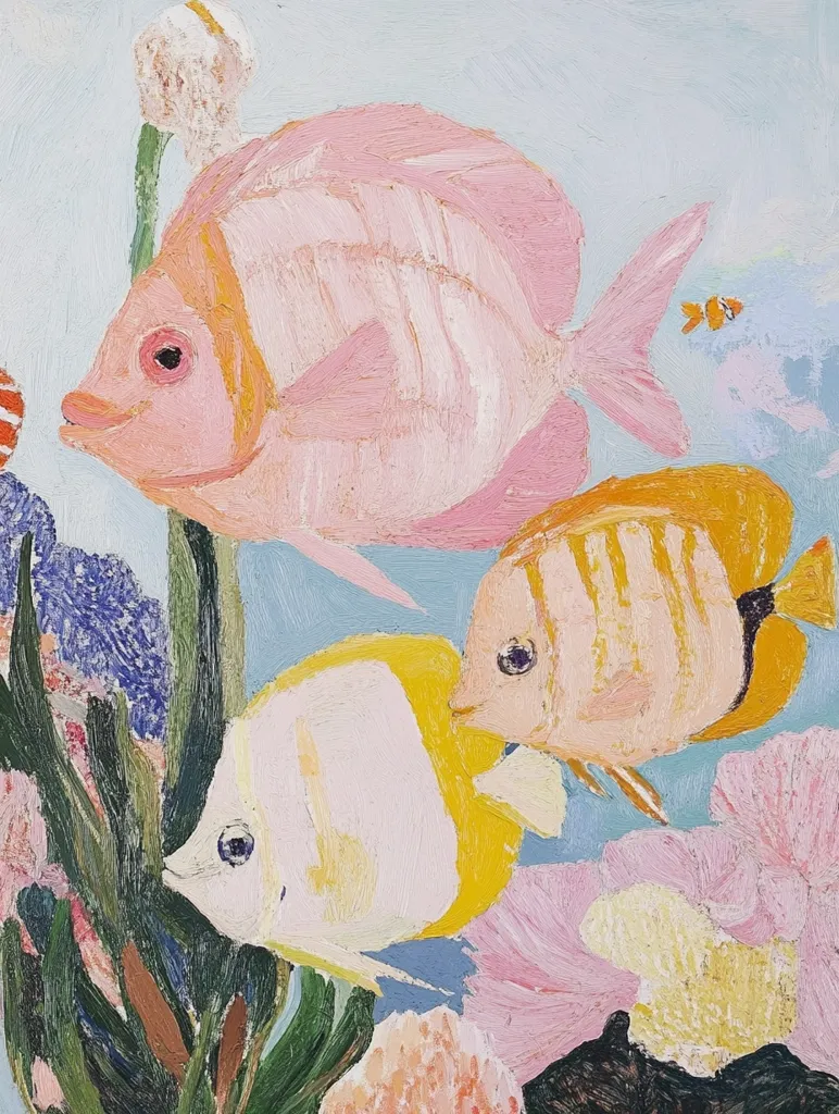 A vibrant oil painting depicts an underwater scene. Three stylized fish, in shades of pink, yellow, and orange, swim amidst stylized coral and aquatic plants. The largest fish is a pale pink, while the others exhibit a mix of yellow and orange hues. The painting's style is impressionistic, with visible brushstrokes and a focus on color and form over realistic detail.  A small orange fish is subtly visible in the upper right corner. The background is a light blue, suggesting a tranquil underwater environment.