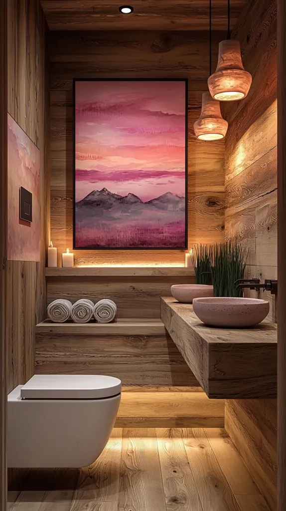 This image showcases a luxurious, rustic bathroom.  Warm, wooden walls and floors create a cozy atmosphere.  A large painting of a pink mountain landscape hangs above a wooden countertop with two minimalist sinks.  Rolled towels sit neatly on a shelf below.  Three pendant lights with earthenware shades hang overhead, casting a soft glow.  A wall-mounted toilet completes the serene, spa-like setting. The overall design blends natural materials with modern fixtures for a sophisticated feel.