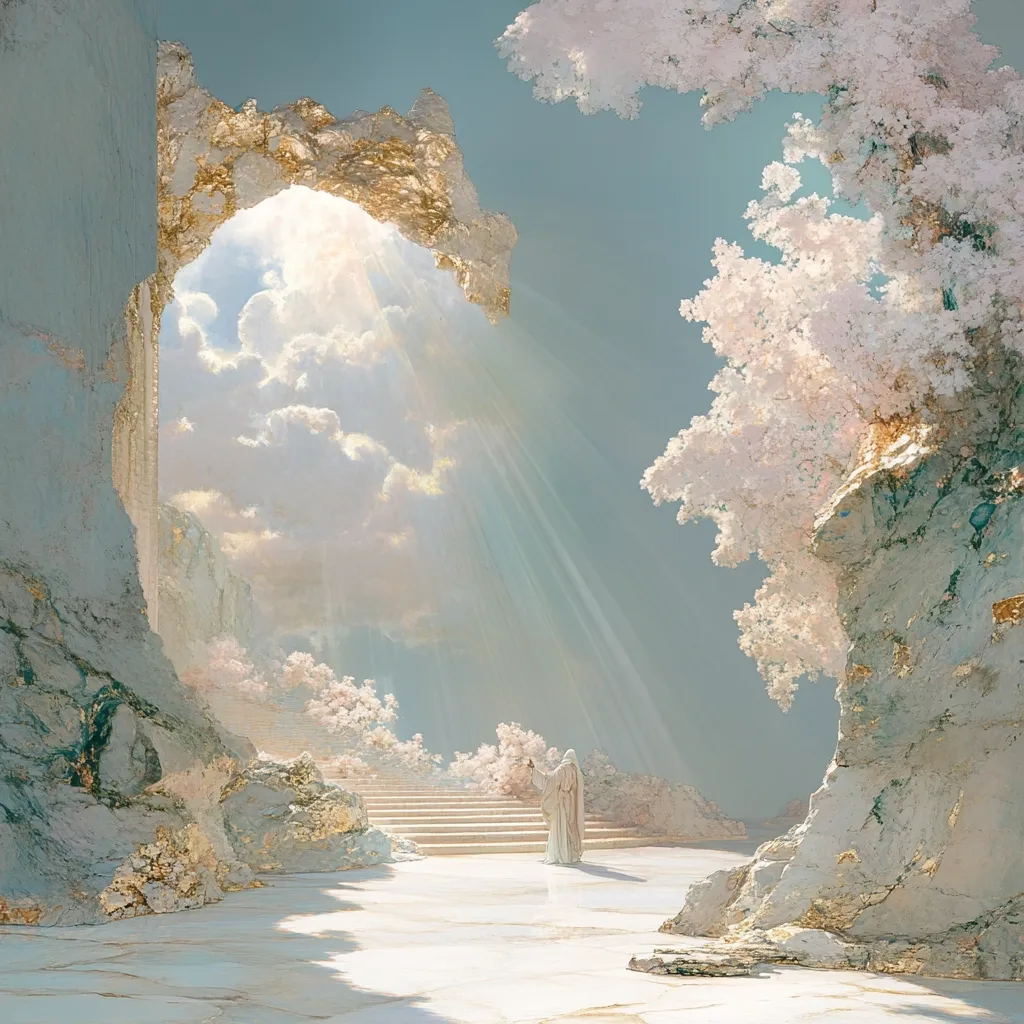 Here's a description of the image:

The image depicts a serene, ethereal landscape. A figure in flowing white robes stands at the bottom of a grand staircase ascending towards a celestial opening in a rock formation.  Golden highlights accentuate the rocks, adding a divine touch.  Delicate, pale pink blossoms adorn the trees and surroundings, framing the scene.  Bright rays of sunlight stream through the opening, illuminating the clouds above and creating a heavenly atmosphere. The overall palette is soft and pastel, emphasizing tranquility and peace.  The scene evokes a sense of ascension and spiritual journey.