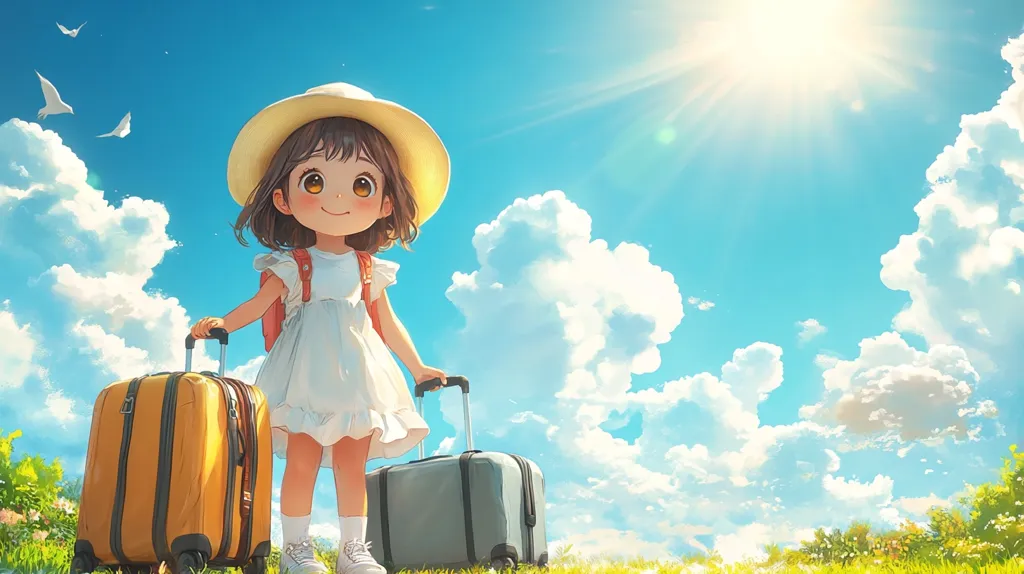 Here's a description of the image:

The illustration depicts a cute, anime-style girl, wearing a straw hat and a white dress, standing in a vibrant green field under a bright, sunny sky.  She's pulling two suitcases, one yellow and one grey, suggesting a journey.  The sky is a cheerful blue, dotted with fluffy white clouds, and a few birds are visible flying in the distance. The overall style is whimsical and evokes a feeling of carefree adventure. The sun shines brightly, adding to the optimistic mood of the scene.