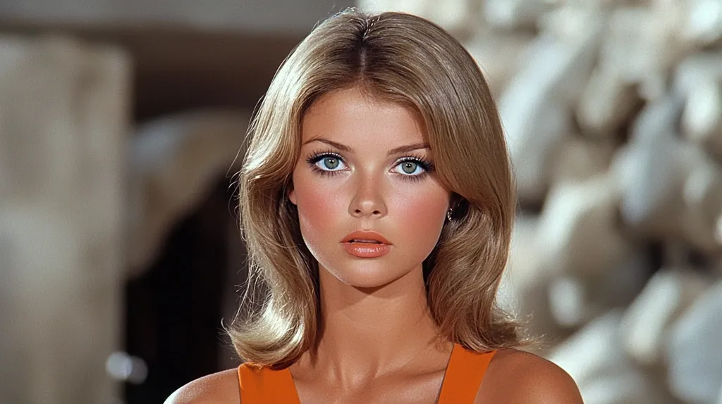 Here's a description of the image:

Close-up portrait of a young woman with shoulder-length blonde hair styled in a slightly flipped-out, mid-70s fashion.  She has fair skin, striking blue eyes accentuated by makeup, and rosy cheeks. Her expression is serious and direct, gazing intently at the camera.  She wears a simple, sleeveless burnt-orange dress. The background is blurred, showing an out-of-focus, light-colored, possibly stone or marble, textured surface. The overall style suggests a 1970s fashion or glamour shot.