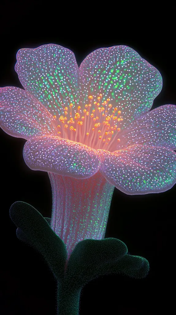 Here's a description of the image:

The image showcases a close-up of a flower, seemingly digitally rendered or enhanced.  Its petals are a soft, pastel pink and purple, speckled with tiny, iridescent dots of green and blue, giving it a luminescent, almost otherworldly quality.  The flower's center features a cluster of small, orange stamens. The stem and leaves are a dark, textured green, contrasting with the lighter petals. The background is entirely black, making the flower the sole focus. The overall impression is one of delicate beauty and surreal, vibrant color.