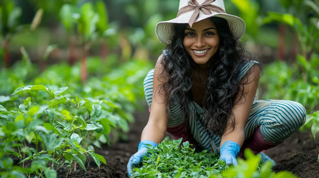 A smiling woman with long, dark curly hair, wearing a straw hat and blue gardening gloves, is tending to a vibrant green garden.  She is crouched down, carefully working amongst lush green plants in rich, dark soil.  The overall scene is one of springtime freshness and the joy of gardening.  The background is softly blurred, drawing focus to the woman and her gardening activity.