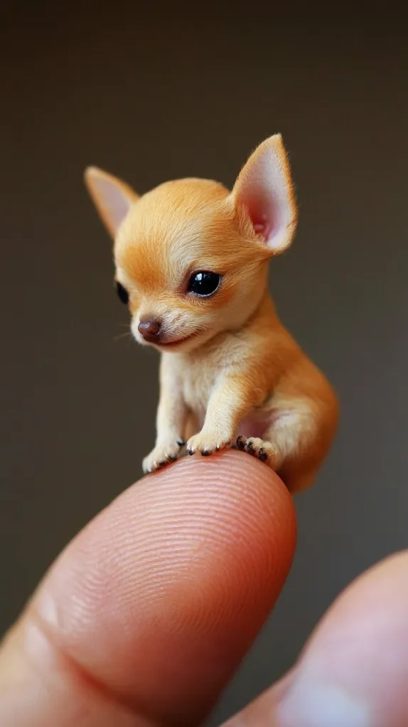 Here's a description of the image:

The photo shows an incredibly tiny chihuahua puppy perched delicately on a person's fingertip.  Its light brown fur is soft and fluffy, and its large, dark eyes are captivating. The puppy is small enough to fit comfortably on the finger, emphasizing its miniature size. The background is blurred, drawing focus to the adorable subject. The overall impression is one of extreme cuteness and fragility.