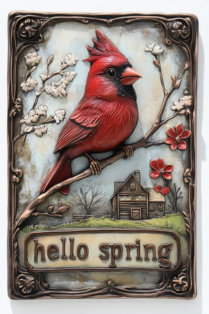 Here's a description of the image:

A rectangular bronze-toned plaque depicts a vibrant red cardinal perched on a blossoming branch.  The bird is realistically rendered, with detailed feathers and a lifelike pose.  Delicate white and red blossoms adorn the branch, adding to the springtime theme.  In the background, a rustic barn sits in a pastoral landscape.  At the bottom, the words "hello spring" are elegantly inscribed.  The entire piece is framed by an ornate, art nouveau-style border. The plaque appears to be three-dimensional, with textured elements adding depth and visual interest.