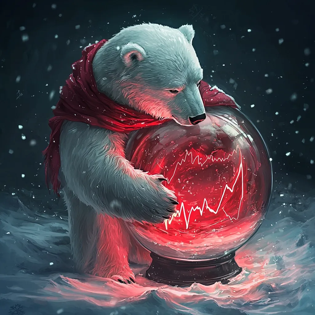 A polar bear, adorned in a crimson scarf, cradles a glowing red crystal ball.  Within the sphere, a vibrant red line graph fluctuates, suggesting market trends or perhaps a glimpse into the future. The scene is set against a dark, snowy backdrop, with falling snow adding to the mystical ambiance.  The bear's gentle demeanor contrasts with the dramatic, almost ominous, glow emanating from the crystal ball. The overall artistic style is digital painting, blending realism with fantasy elements.