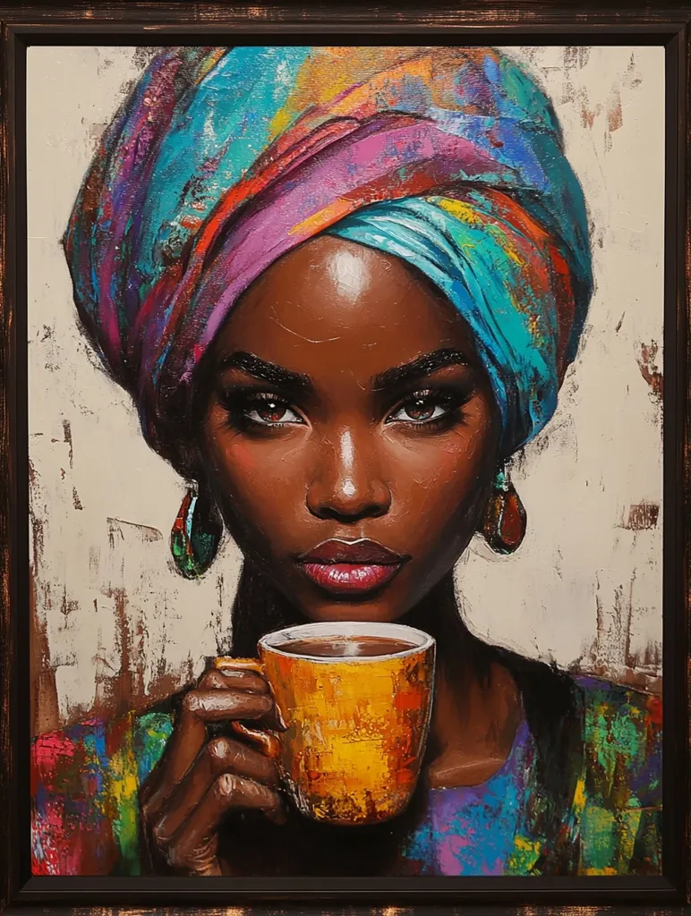 Here's a description of the image:

The painting is a vibrant portrait of a Black woman, her face taking center stage. She is adorned in a richly colored, patterned headscarf, a kaleidoscope of blues, purples, and greens.  Her dark skin is rendered with texture and depth, highlighting her strong features, including expressive eyes and full lips. She holds a yellow mug, seemingly filled with a warm beverage, adding a sense of intimacy and quiet contemplation. The impasto style of painting gives the piece a tactile quality, the brushstrokes visible and adding to the work's energy.  The background is a textured off-white, adding contrast to the vibrant colors of the subject. The overall effect is one of striking beauty, cultural richness, and quiet poise.