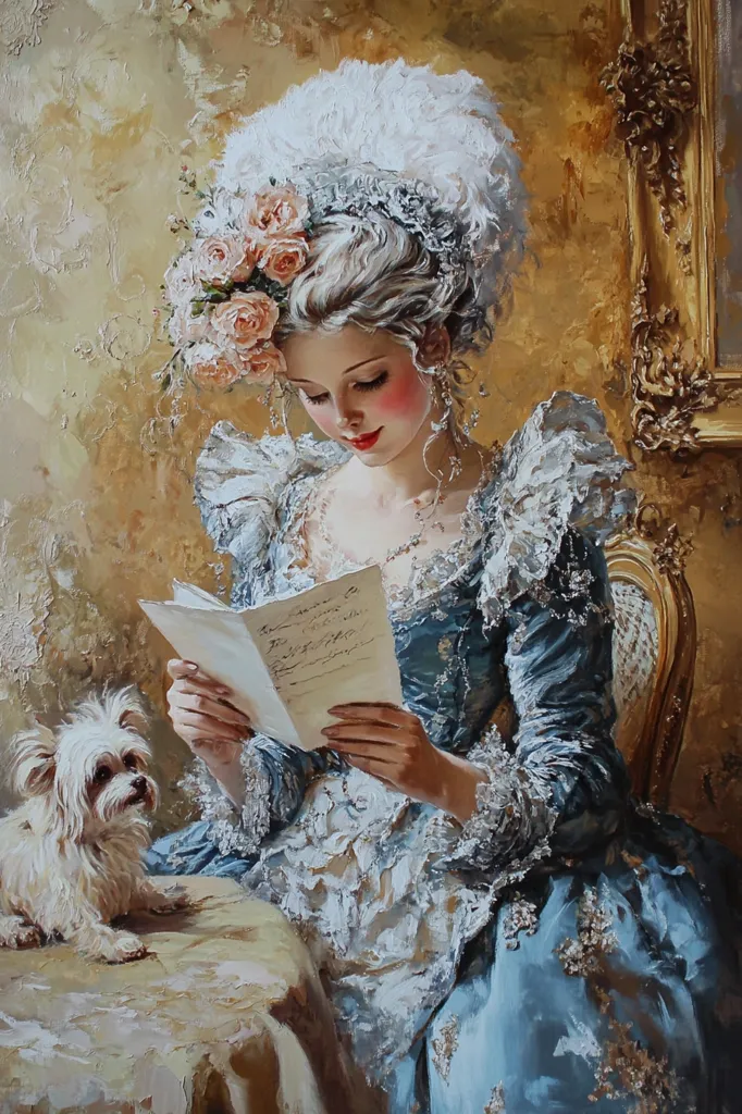 Here is a description of the image:

The painting depicts a young woman in an elaborate, light blue rococo-style gown, adorned with lace and delicate floral embroidery. She is seated, delicately holding a letter, her expression thoughtful and serene.  Her hair is styled in a large, powdered updo, topped with a white feathered hat and adorned with pink roses.  A small white dog sits calmly beside her on a table, completing the scene's gentle and romantic atmosphere. The background features warm, gold tones and ornate detailing, adding to the overall aristocratic feel of the artwork. The style is reminiscent of 18th-century portraiture, using rich textures and soft lighting.