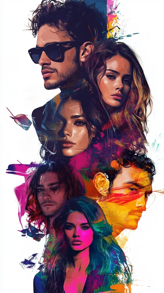 Here's a description of the image:

The image is a vibrant, stylized portrait of four young adults, two men and two women, depicted in a layered, almost abstract fashion.  Bold splashes of pink, orange, and blue paint are interwoven with the figures, creating a dynamic and energetic feel.  The subjects have striking features and are fashionably dressed, suggestive of a modern aesthetic.  The overall style is reminiscent of contemporary album art or a promotional poster, with a strong emphasis on visual impact and mood. The composition suggests a close relationship between the individuals.