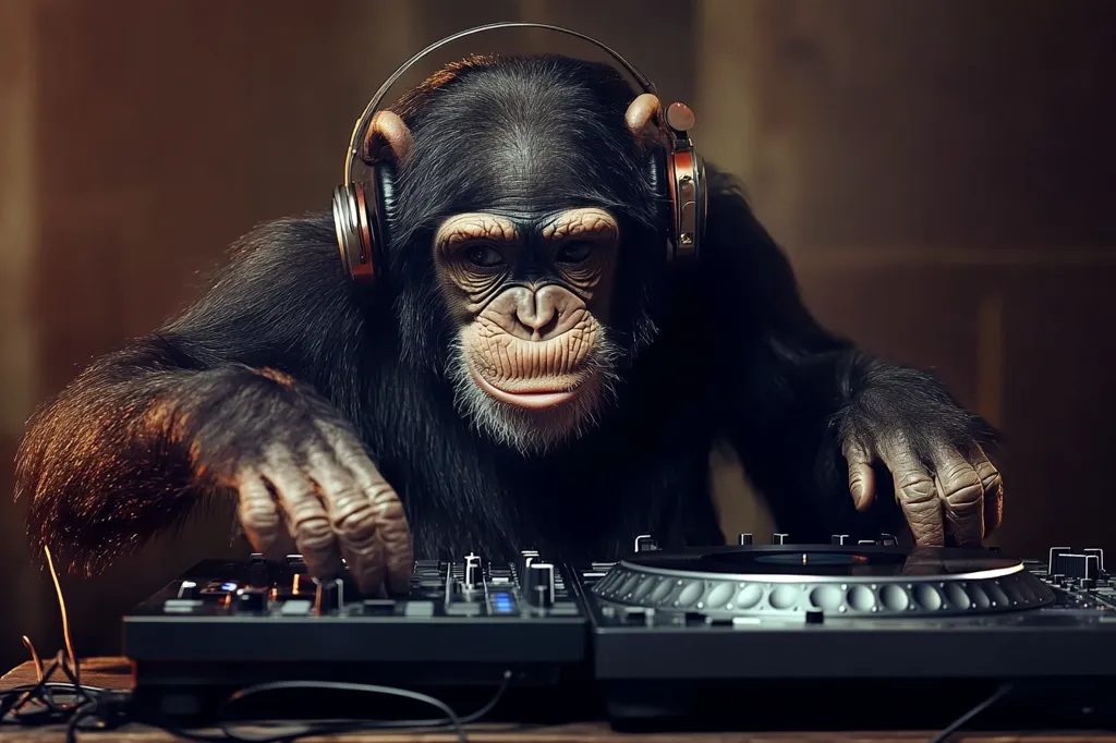 A chimpanzee sits intently behind a DJ setup, wearing large over-ear headphones.  Its dark fur contrasts with the sleek black of the mixing console.  The chimp's hands delicately manipulate the controls, suggesting a focused and possibly skilled performance.  The background is blurred, drawing attention to the primate DJ and its unusual occupation. The overall mood is playful yet serious, a humorous juxtaposition of animal and technology.