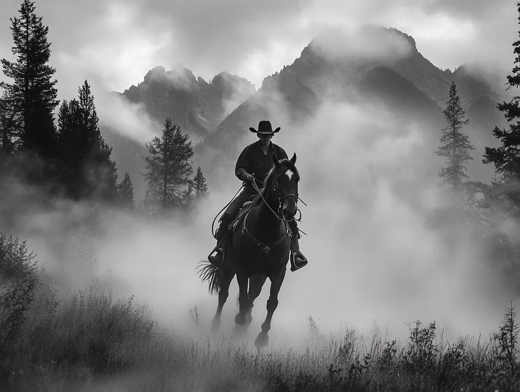 A lone cowboy, silhouetted against a misty mountain landscape, rides a horse through a field.  The monochromatic image evokes a classic Western feel.  The fog partially obscures the imposing mountains in the background, creating a sense of mystery and solitude. The cowboy's figure is stark and central, emphasizing his journey through the atmospheric setting.  The overall mood is serene yet dramatic.