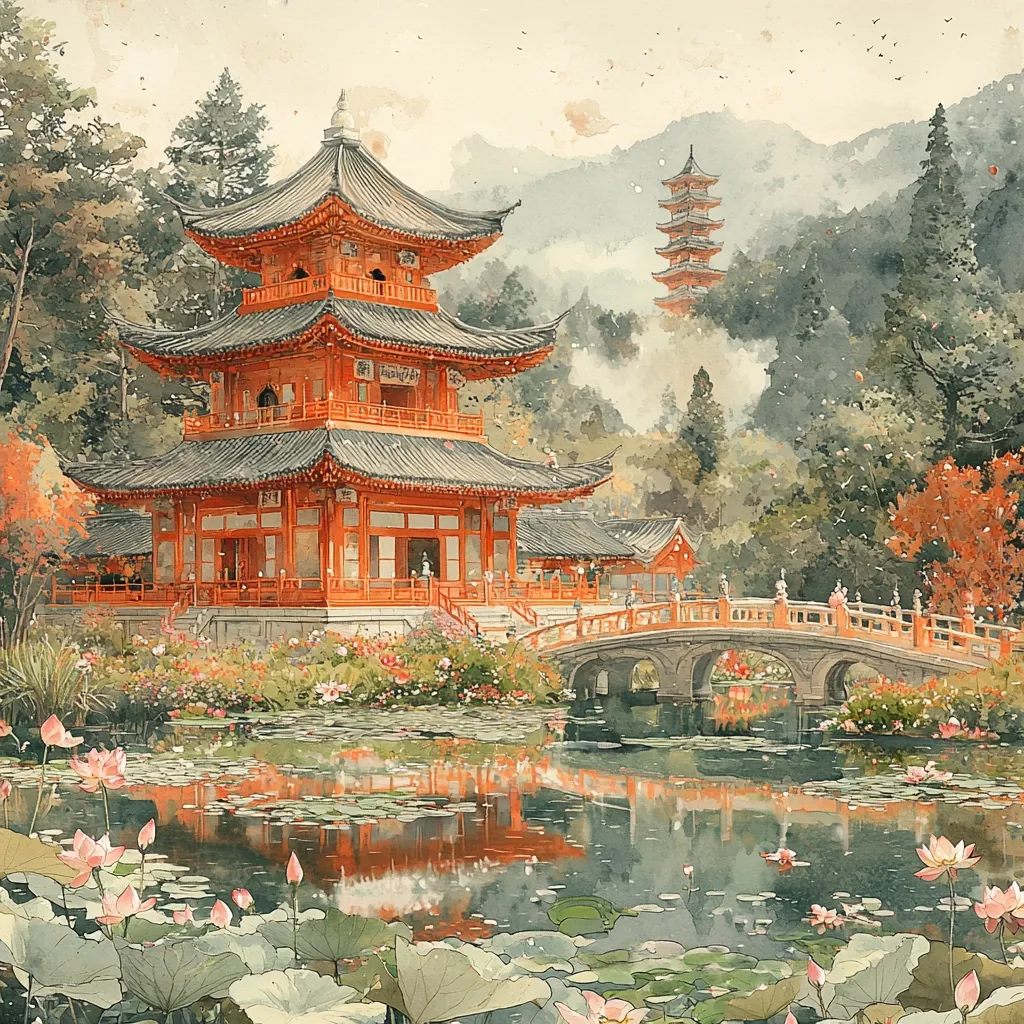 A serene watercolor painting depicts a tranquil East Asian scene.  A multi-tiered, orange-red pagoda dominates the foreground, nestled amongst blossoming flowers and reflected in a calm pond teeming with lotus blossoms. A graceful stone bridge arches over the water, leading towards a smaller pagoda in the misty, forested background. The soft, muted colors and delicate brushstrokes create a peaceful and ethereal atmosphere.  Autumnal hues subtly hint at the changing season.