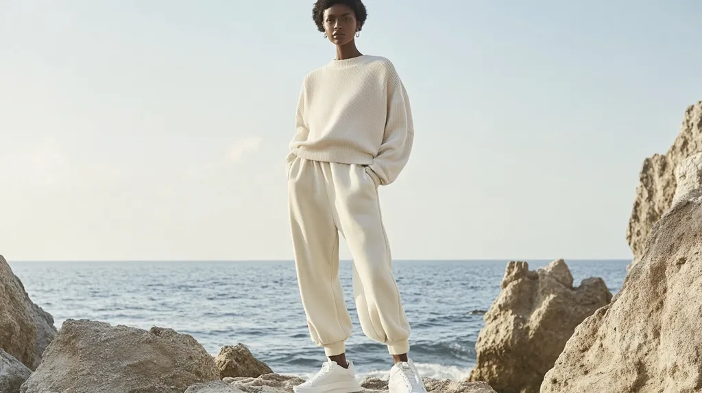 A woman with short dark hair stands on rocky shoreline, wearing a cream-colored sweater and matching sweatpants.  The outfit is loose-fitting and comfortable. She's wearing white sneakers and her hands are in her pockets. The calm ocean and bright sky create a serene backdrop. The overall aesthetic is minimalist and stylish, suggesting a casual, relaxed mood.