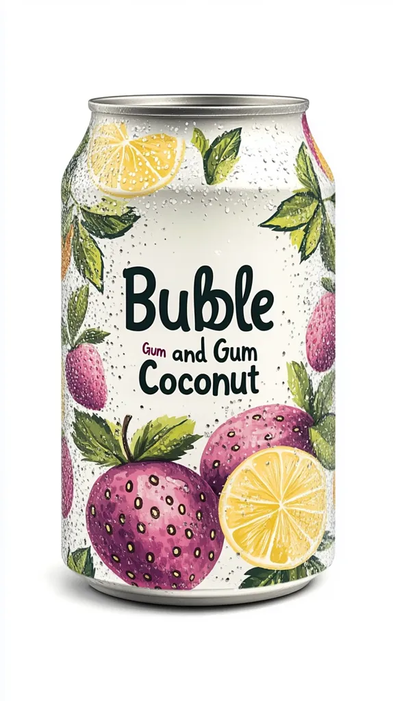 Here's a description of the image:

An aluminum can of "Bubble Gum and Gum Coconut" beverage is shown.  The can is predominantly white with a design featuring illustrations of strawberries, lemon slices, and green leaves.  The illustrations appear hand-drawn, with a slightly textured effect. Water droplets are visible on the can's surface, suggesting condensation. The brand name "Bubble" is prominently displayed in a stylized script font, with the flavor description underneath. The overall impression is one of a refreshing, fruity drink.