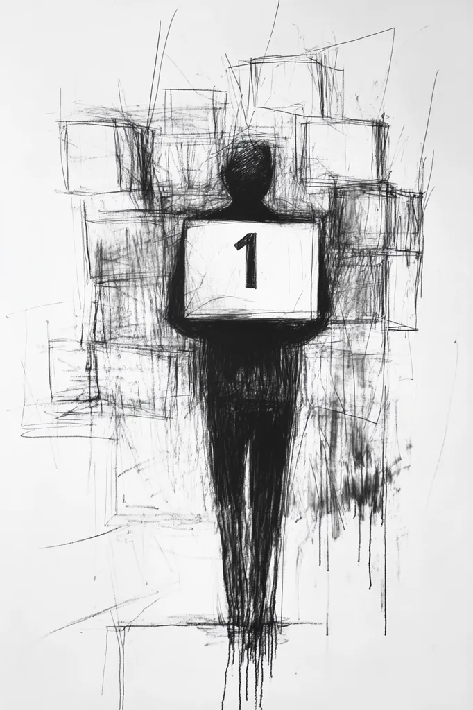 The monochromatic artwork depicts a stylized figure, seemingly a person, holding a sign with the number "1" prominently displayed.  The figure is rendered in dark charcoal, almost silhouetted against a background of heavily textured, overlapping lines and shapes suggesting a chaotic, architectural or urban environment. The contrast between the stark simplicity of the "1" and the complex, expressive background creates a visually arresting piece. The style is expressive and abstract, emphasizing texture and mood over precise detail.