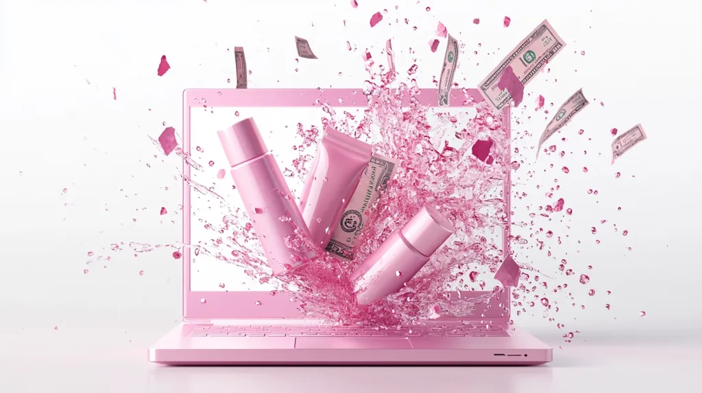 A pink laptop is submerged in a splash of pink liquid, accompanied by pink cosmetic products (a tube and two bottles) and fragments of US dollar bills.  The overall effect is one of energetic chaos and possibly represents the excitement or potential financial success associated with online beauty product sales.  Rose petals also appear scattered amidst the water spray. The image is stylized and vibrant, with a strong focus on the color pink.