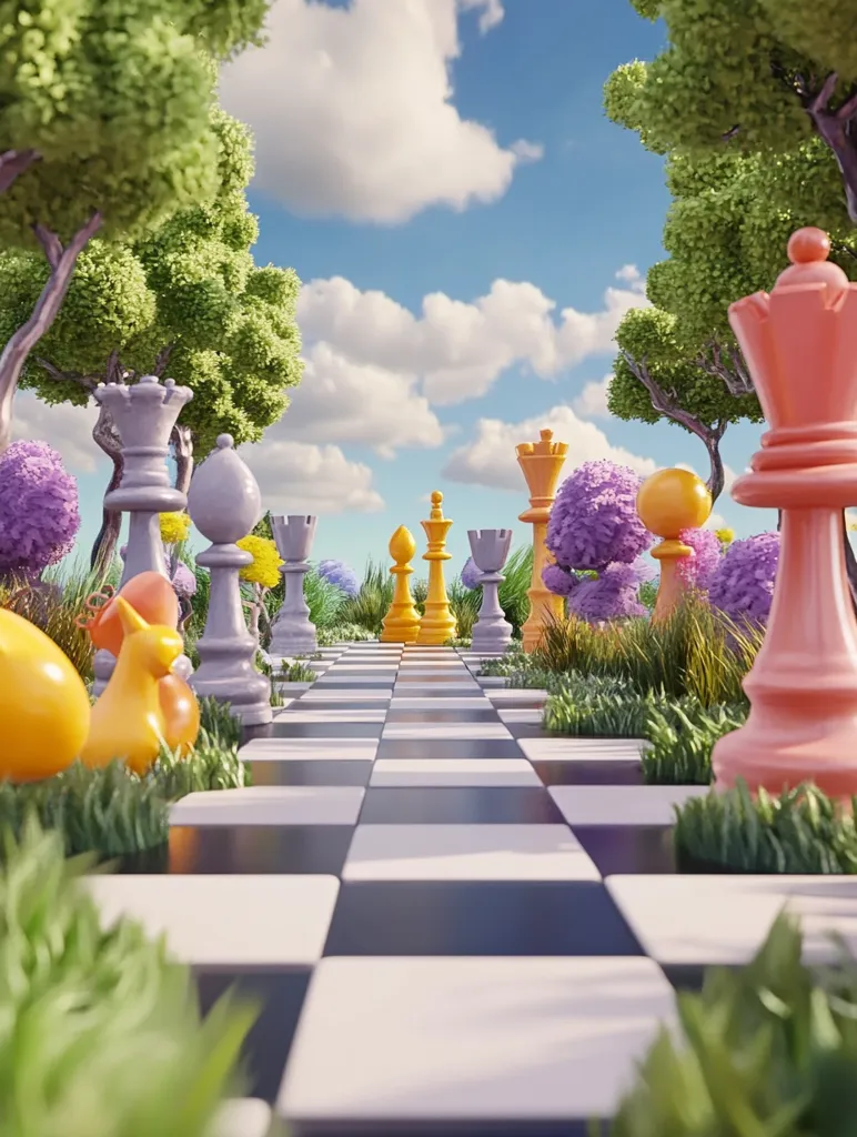 A whimsical 3D rendering depicts a giant chessboard path winding through a vibrant garden.  Pastel-colored chess pieces, primarily in shades of orange, gray, and purple, are arranged along the path, flanked by lush green grass and purple flowers.  Small, cartoonish yellow and orange figures are nestled at the base of the chess pieces. The scene is set against a sunny sky with fluffy white clouds, creating a dreamy and surreal atmosphere.