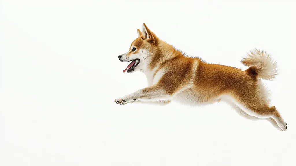 A Shiba Inu dog is captured mid-leap against a stark white background.  Its reddish-brown fur is highlighted, showcasing its bushy tail.  The dog's tongue is playfully out, suggesting motion and energy. The image is clean and focuses entirely on the dog, emphasizing its dynamic movement and breed characteristics. The simple background enhances the subject's vibrant colors and graceful jump.