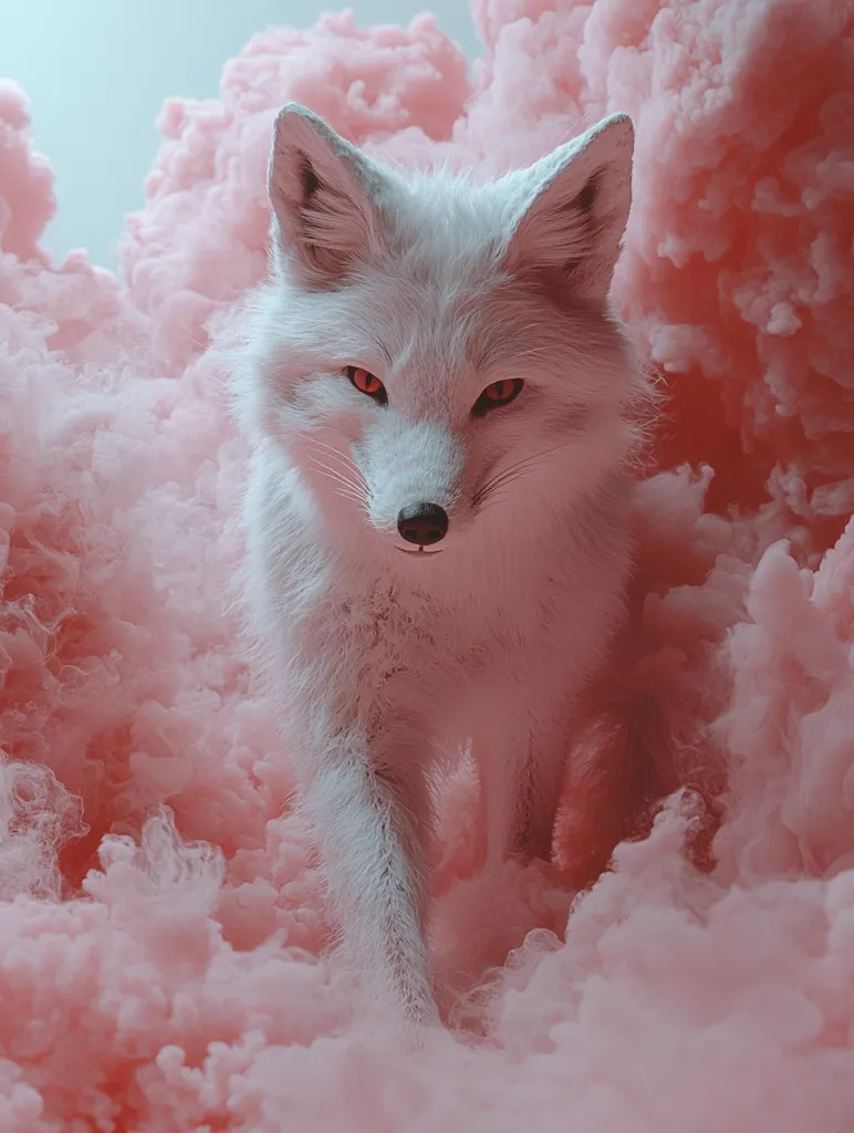 A digitally created image shows a white arctic fox standing amidst a swirling cloud of pink smoke.  The fox's fur is fluffy and its red eyes stand out against its pale coat.  The pink smoke creates a dreamy, ethereal background, contrasting sharply with the fox's stark white fur. The overall impression is one of otherworldly beauty and mystique. The fox appears alert, its gaze fixed forward.