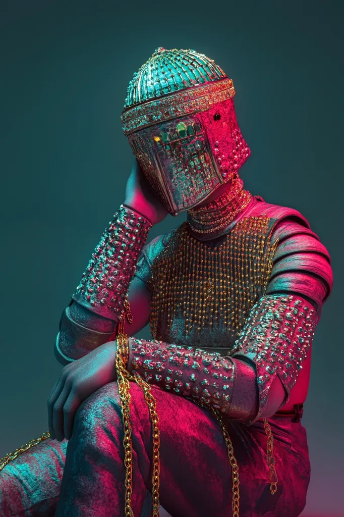 Here is a description of the image:

The image shows a person, seemingly a model, adorned in a striking, futuristic costume.  They are wearing an ornate, jeweled helmet that resembles ancient Roman or Byzantine headwear,  along with a shimmering, metallic bodysuit. The outfit is punctuated by gold chains draped around their arms and legs. The costume has a blend of textures, from the smooth metallic surfaces to the studded detailing on the arm guards.  The lighting is dramatic, using vibrant teal and magenta hues to create a strong visual contrast and highlight the costume's texture and details. The model’s pose, hand resting on their face, suggests a contemplative or pensive mood. The overall effect is a blend of fantasy, futuristic style and regal elegance.