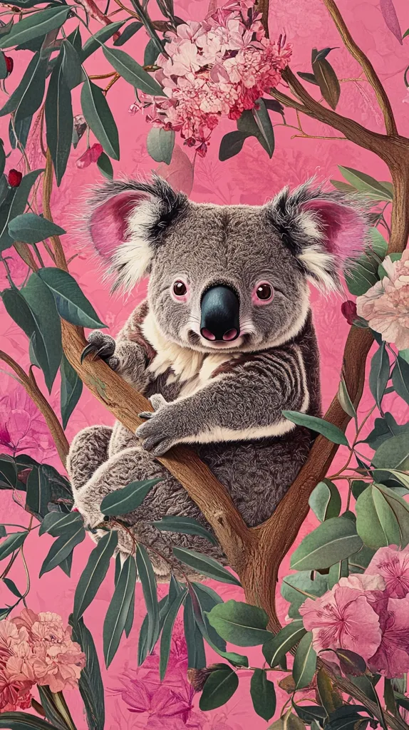 Here's a description of the image:

The image showcases a koala bear perched on a tree branch, nestled amongst vibrant pink flowers and lush green foliage. The background is a solid, bright pink, creating a striking contrast with the koala's grey fur. The koala appears relaxed and content, its large eyes and expressive face clearly visible. The flowers, possibly rhododendrons, are richly detailed, adding to the overall aesthetic of the piece. The style suggests a digital painting or illustration, with a focus on realistic rendering of both the animal and the flora. The overall mood is one of serenity and natural beauty.