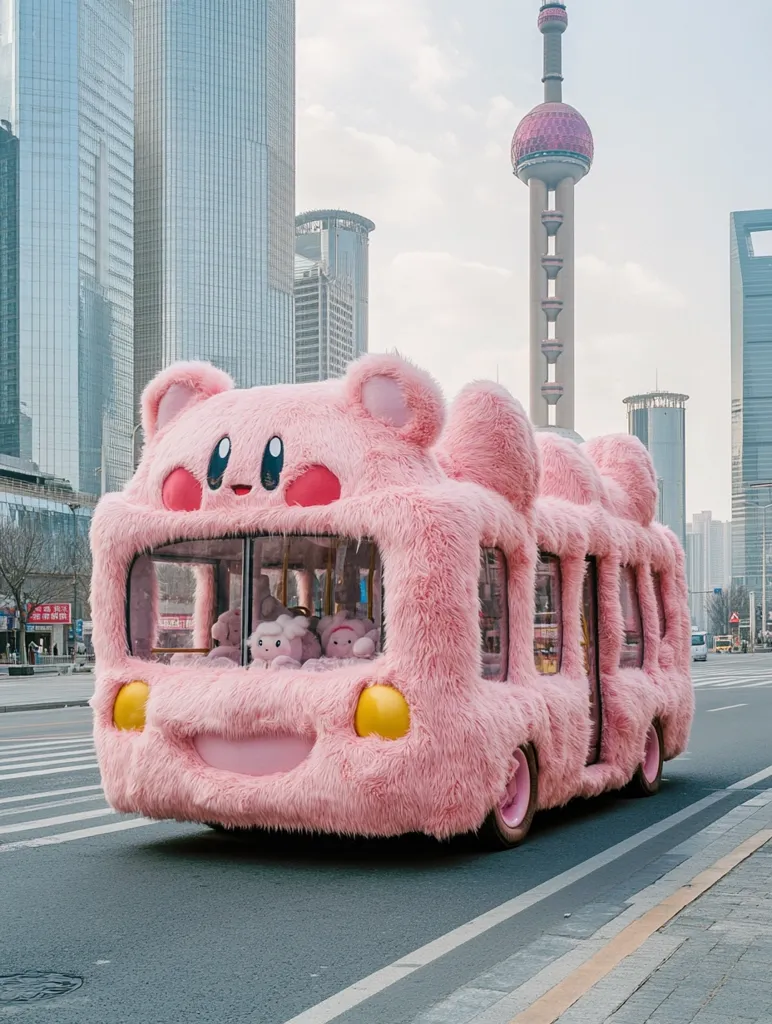 A whimsical, pink, fluffy bus, resembling a large teddy bear, drives down a city street.  The bus is filled with smaller plush toys.  Tall modern buildings and the iconic Oriental Pearl Tower in Shanghai form the backdrop. The contrast between the fluffy bus and the urban landscape is striking, creating a surreal and playful scene.